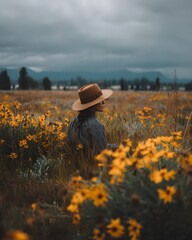 Woman with Wide Brim Hat Surrounded by Wildflowers on Overcast Day in a Scenic Meadow Landscape