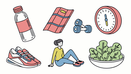 Fitness and Healthy Lifestyle Essentials Simple Line Art Illustration Exercise Gear Healthy Food and Person