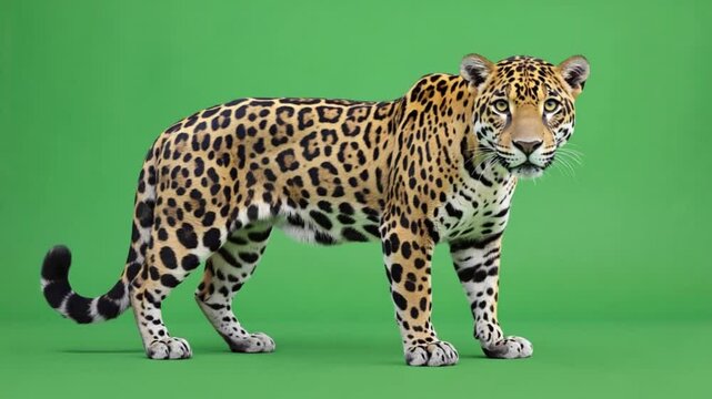 A jaguar with black spots standing on a green background looking at the camera in a studio shot green screen video