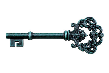 Ornate verdigris skeleton key, antique ornate, cut out transparent