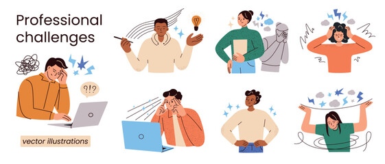 Vector illustrations set with emotional states at work. Cartoon men and women face burnout, stress, imposter syndrome, experience focus, creativity flow, confidence and doubt in professional life