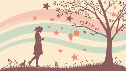Silhouette Woman & Dog Walk Past Whimsical Starry Tree in Dreamy Pastel Sky Illustration Art
