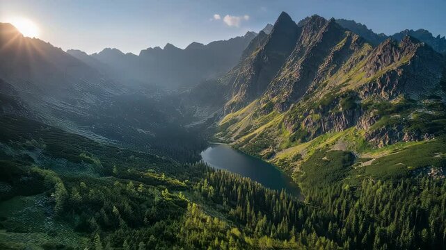 【AI動画】朝日差し込む静かな山の湖を俯瞰