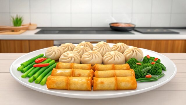 Assorted asian cuisine plate featuring dumplings spring rolls and fresh vegetables