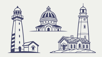 Detailed Architectural Line Art Sketch Set Featuring Lighthouses and Domed Building Illustrations