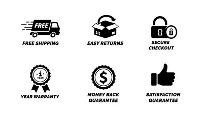 Black E-commerce Trust Badges Set. e-commerce trust badges: free shipping, easy returns, secure checkout, 1-year warranty, money-back guarantee, satisfaction guarantee