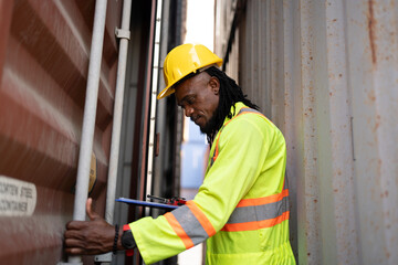 African worker use clipboard working with checking container at container site	