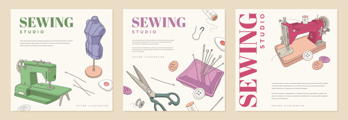 Set of sewing poster, square social media banner, cover, flyer design template. Atelier, craft, clothing background. Vector illustration of sewing machine, mannequin, pin, needle, thread and button