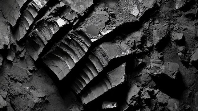 Close-up of conveyor belt ridges coated in fine coal dust and rock fragments