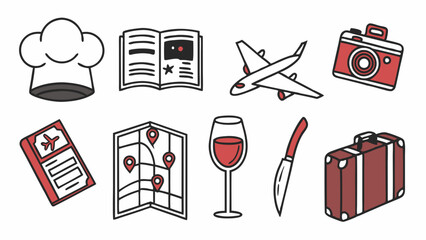 Simple Red Line Art Icons for Travel Food Lifestyle Chef Plane Map Camera Wine Suitcase Passport Book