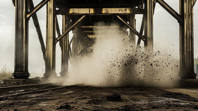 Coal particles suspended mid-air as conveyor belt jostles the freshly mined load forward