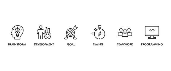 Hackathon banner web icon vector illustration concept for design sprint-like social coding event with icon of brainstorm, development, programming, timing, speed, teamwork, and goal