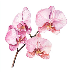 Watercolor botanical illustration of a pink orchid flower with stem, without leaves, isolated on white background.
