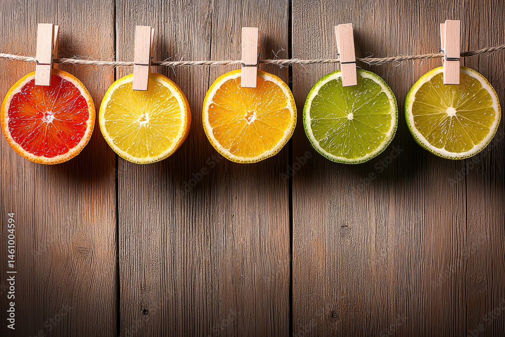 Poster slices of citrus fruit including grapefruit, lemon, orange, and lime hang on string with wooden clot