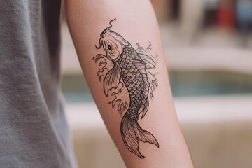 Close-up of a koi fish tattoo on a forearm.