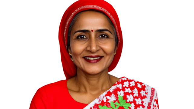 Indian woman in red headdress smiles gently, cut out transparent