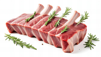 Raw Pork Ribs with Fresh Rosemary on a White Background
