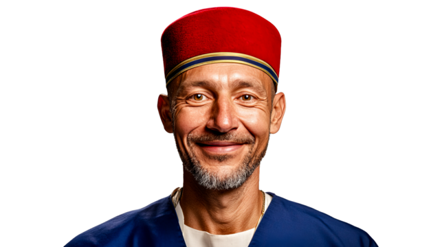 Smiling man wearing red fez, close up portrait, cut out transparent