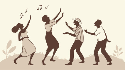 Vintage Sepia Illustration of Four People Dancing Happily Outdoors with Music Notes