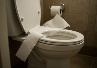 Toilet with toilet paper roll on top.