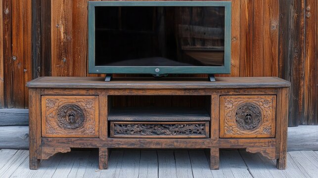 Antique wooden TV stand repurposed from a vintage sideboard with carved details