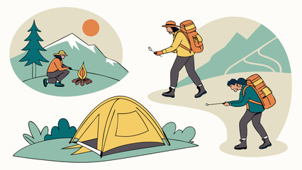 Obraz premium Illustrated Outdoor Adventure Scene Camping Hiking Tent Campfire Mountains People