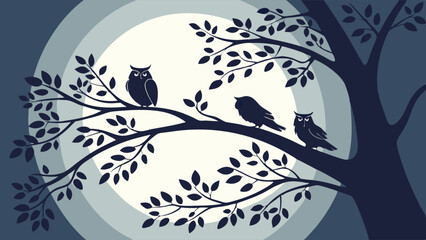 Silhouette of Owls and Birds on Tree Branch Against Large Moon in Dark Night Sky Graphic