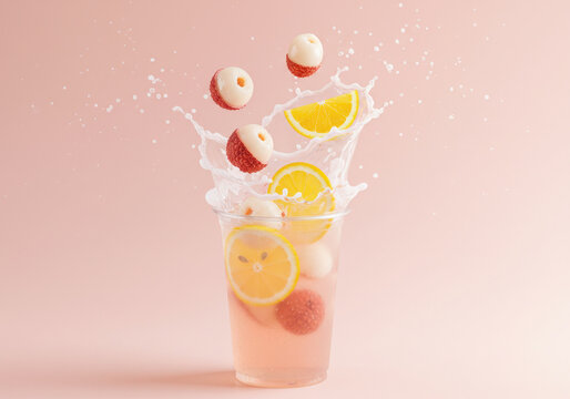Glass filled with fruit and water.