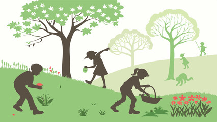 Green silhouette illustration of children collecting eggs on a grassy hill during an outdoor spring Easter egg hunt