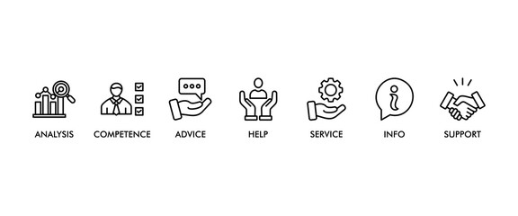 PROBLEM SOLVING BANNER WEB ICON VECTOR ILLUSTRATION CONCEPT WITH ICON OF ANALYSIS, COMPETENCE, ADVICE, HELP, SERVICE, INFO, SUPPORT,