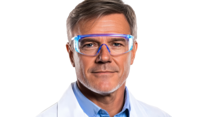 Serious Man in Lab Coat and Protective Glasses, cut out transparent