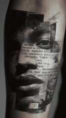 Complex portrait tattoo design featuring text and images.