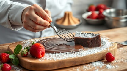 A pastry chef artfully drizzles melted chocolate over a decadent brownie dessert on a rustic wooden board.