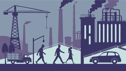 Flat Design Industrial Cityscape Silhouette People Walking Truck Car Factories Crane Urban Scene