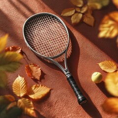 Tennis racket surrounded by autumn leaves,generative ai illustration