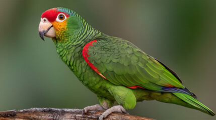 parrot perched on a wooden branch with tropical foliage surrounding it
