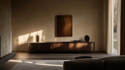 Elegant dark wood TV console under dramatic spotlight in a minimalist setting