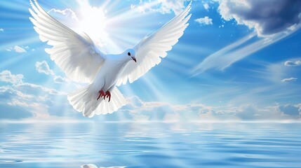 Fototapeta premium Graceful dove elegantly flying over tranquil water, showcasing a scene of natural beauty and freedom. The dove's flight over the water represents a moment of peace and serenity.