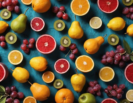 grunge summer still life with vibrant fresh fruits, distressed textures and warm nostalgic atmosphere