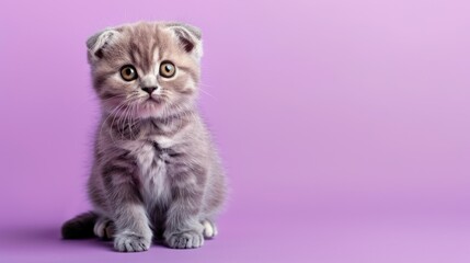 Adorable kitten on purple background. Copy space