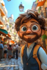 Obraz premium Animated man with a backpack in a vibrant European street scene