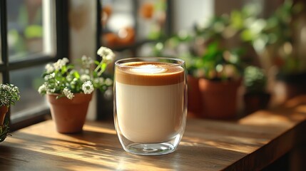 Latte coffee served in a clear glass on a wooden table surrounded by small plants in a cozy cafe setting with natural light streaming in