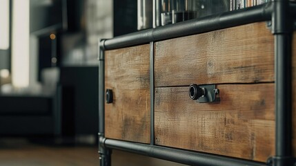 Industrial-style TV console made of reclaimed wood and black steel pipes