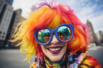 portrait woman with bright red hair in sunglasses extravagant