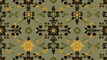 Elegant Olive Green and Gold Floral Damask Pattern