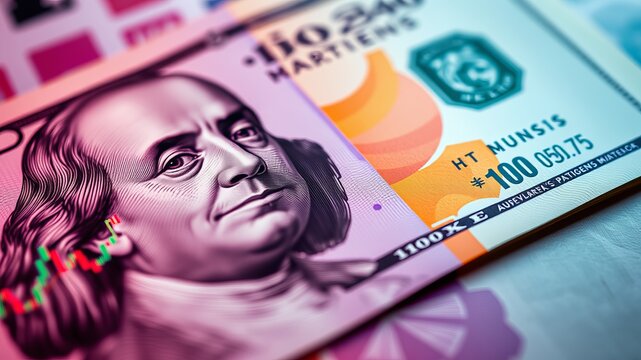 A close-up shot reveals details of US dollar and Antillean guilder banknotes lying on a table, showcasing their intricate designs and colors.