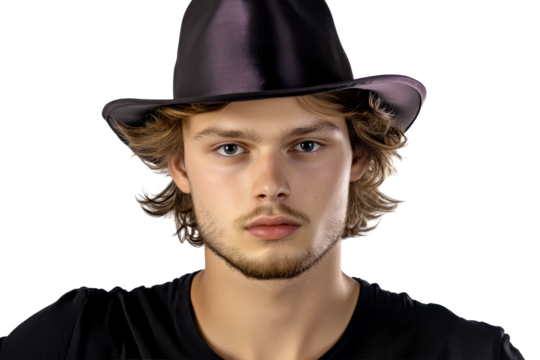 Male studio portrait, black hat, light beard, wavy hair, cut out transparent - Powered by Adobe