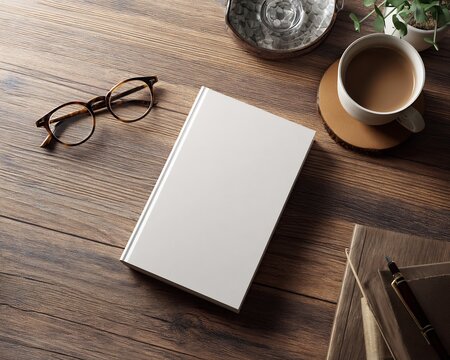 Wooden surface arrangement, featuring a closed blank book, glasses, and coffee