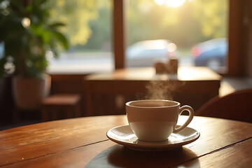 Fototapeta premium cozy cafe with warm decoration and a beautifully brewed cup of coffee, creating a welcoming atmosphere 