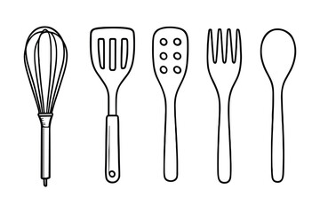 Outline drawing of kitchen utensils for cooking and baking use